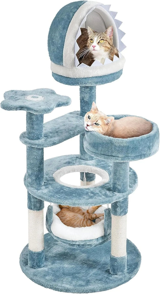 45.5in Ocean-Themed Cat Tree Multi-Level Cat Tower, Plush Pet Furniture with Shark's Mouth-Shaped Nest, Sea Star-Shape