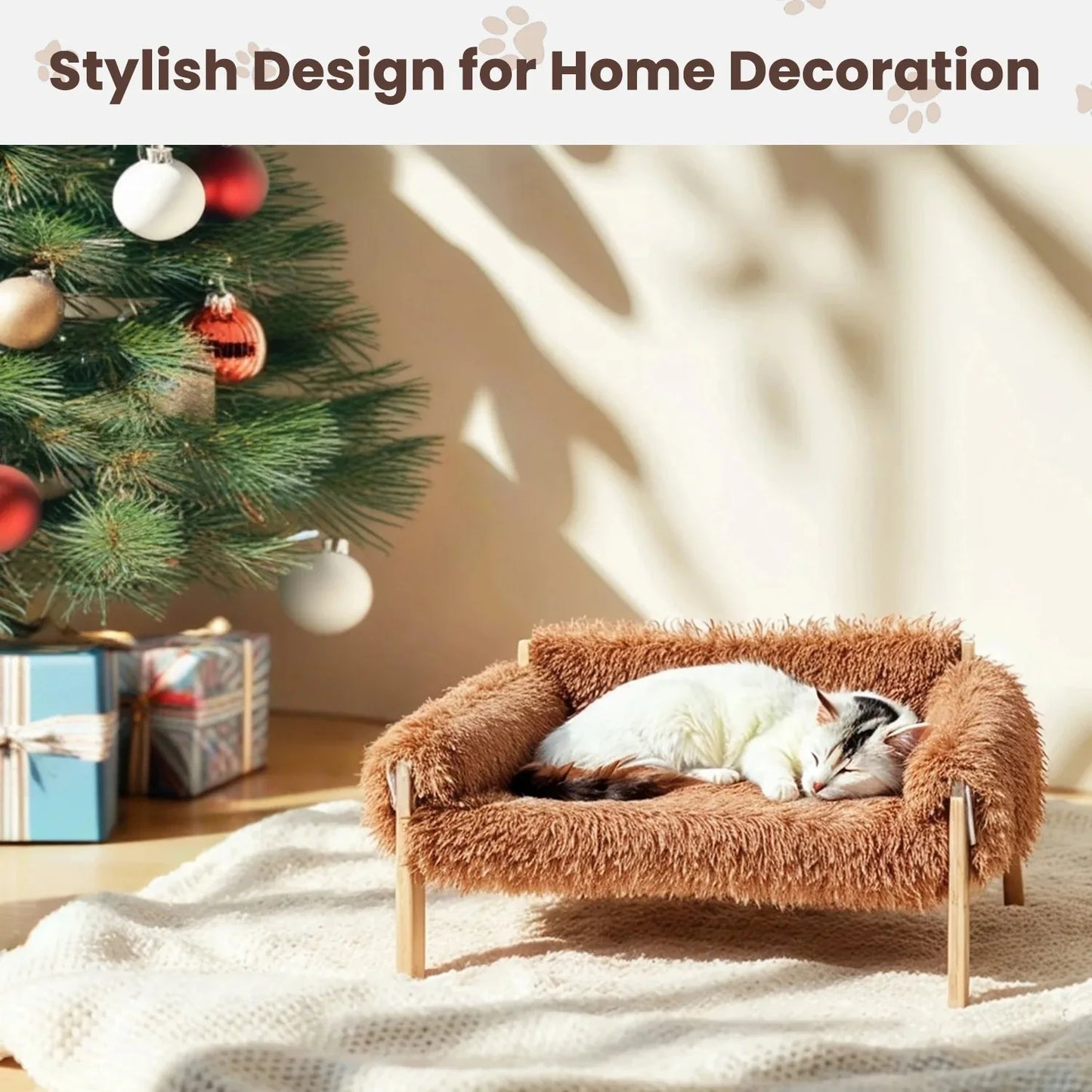 Soft Plush Cat Bed Sofa With Raised Wooden Leg Design