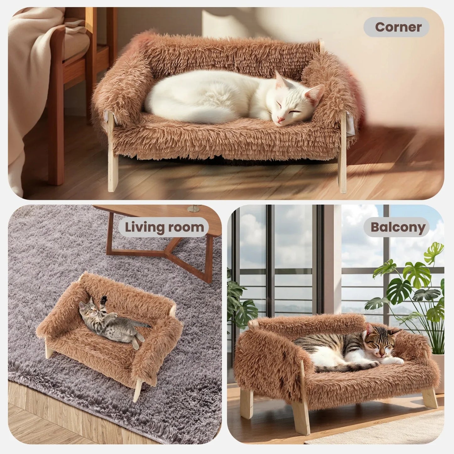 Soft Plush Cat Bed Sofa With Raised Wooden Leg Design