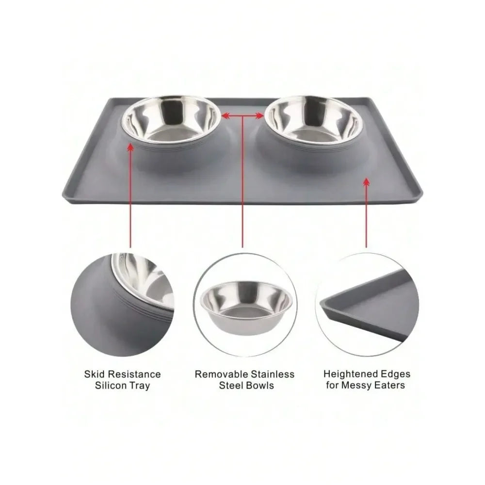 Dual Pet Feeder Bowls With No Spill Premium Silicone Mat