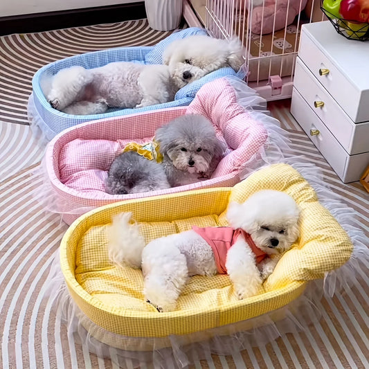 Lace Trimmed Pet Bed Oval For Small Dogs Cats Winter Cozy