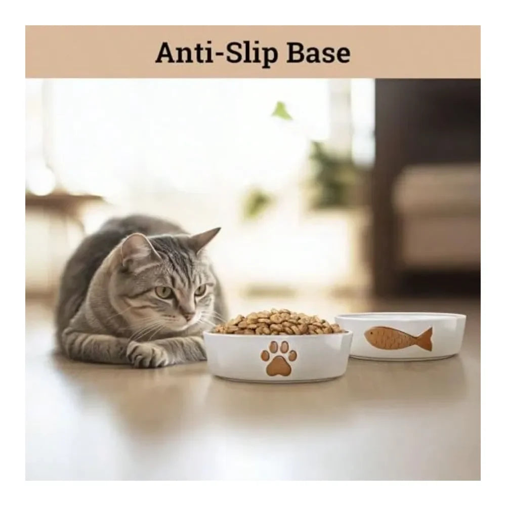 Whisker Friendly Ceramic Cat Bowl Set Of 2 With Anti Slip Bases Dishwasher Safe
