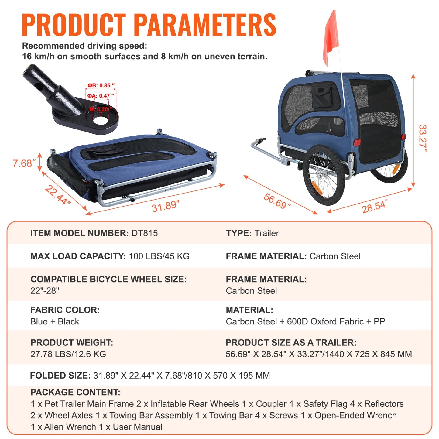 Pet Bicycle Trailer For Dogs 100 Lb Capacity Reflectors