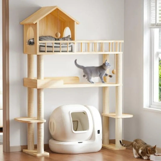 Wood Cat Tower for Automatic Litter Box 60.2 H Tall Cat Tree for Self Cleaning Litter Box Multi-Level Solid Wood Cat Tree Tower