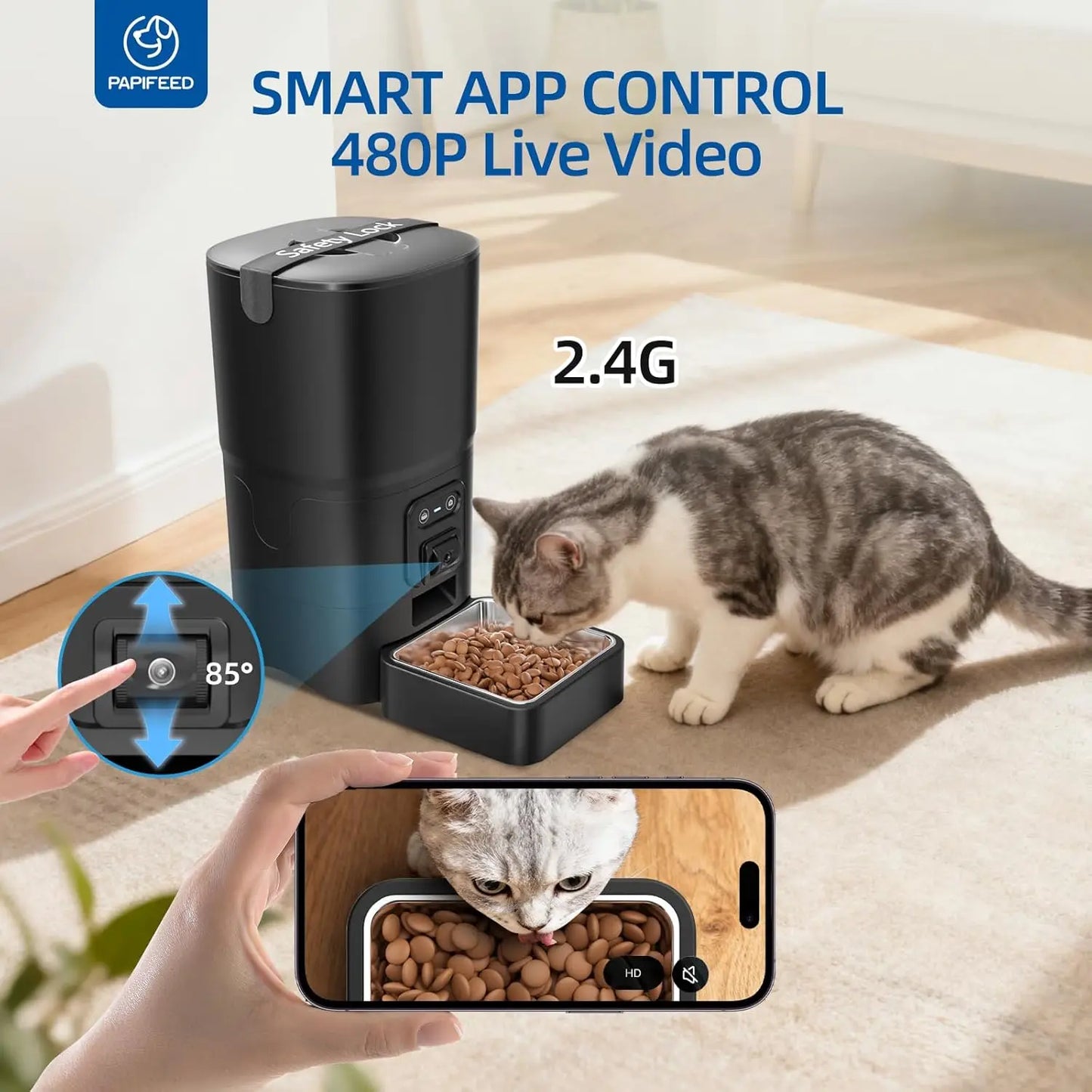 Automatic Cat Feeder with Camera, WiFi, Two-Way Audio, Adjustable Angle, Easy Clean for Cats & Small Dogs - Black