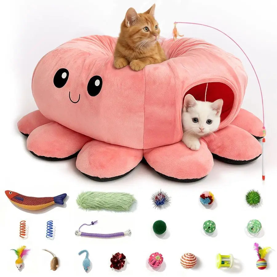 Octopus Shaped Cat Tunnel Collapsible With Toys For Indoor Cats