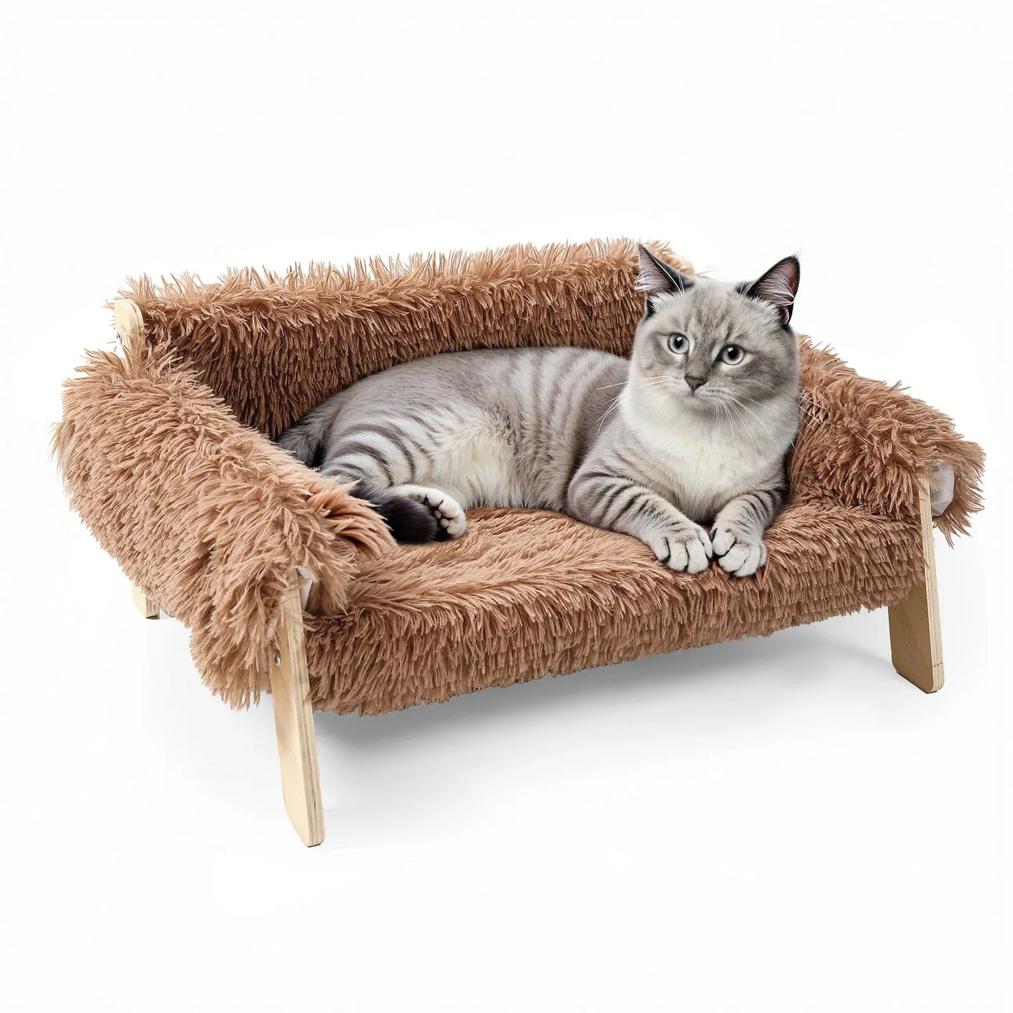 Soft Plush Cat Bed Sofa With Raised Wooden Leg Design