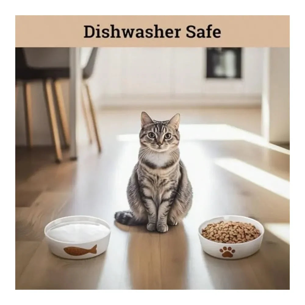 Whisker Friendly Ceramic Cat Bowl Set Of 2 With Anti Slip Bases Dishwasher Safe