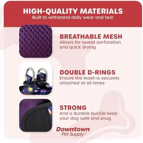 Comfortable small dog harness with adjustable padded mesh and reflective trim – perfect for downtown pet supply needs.