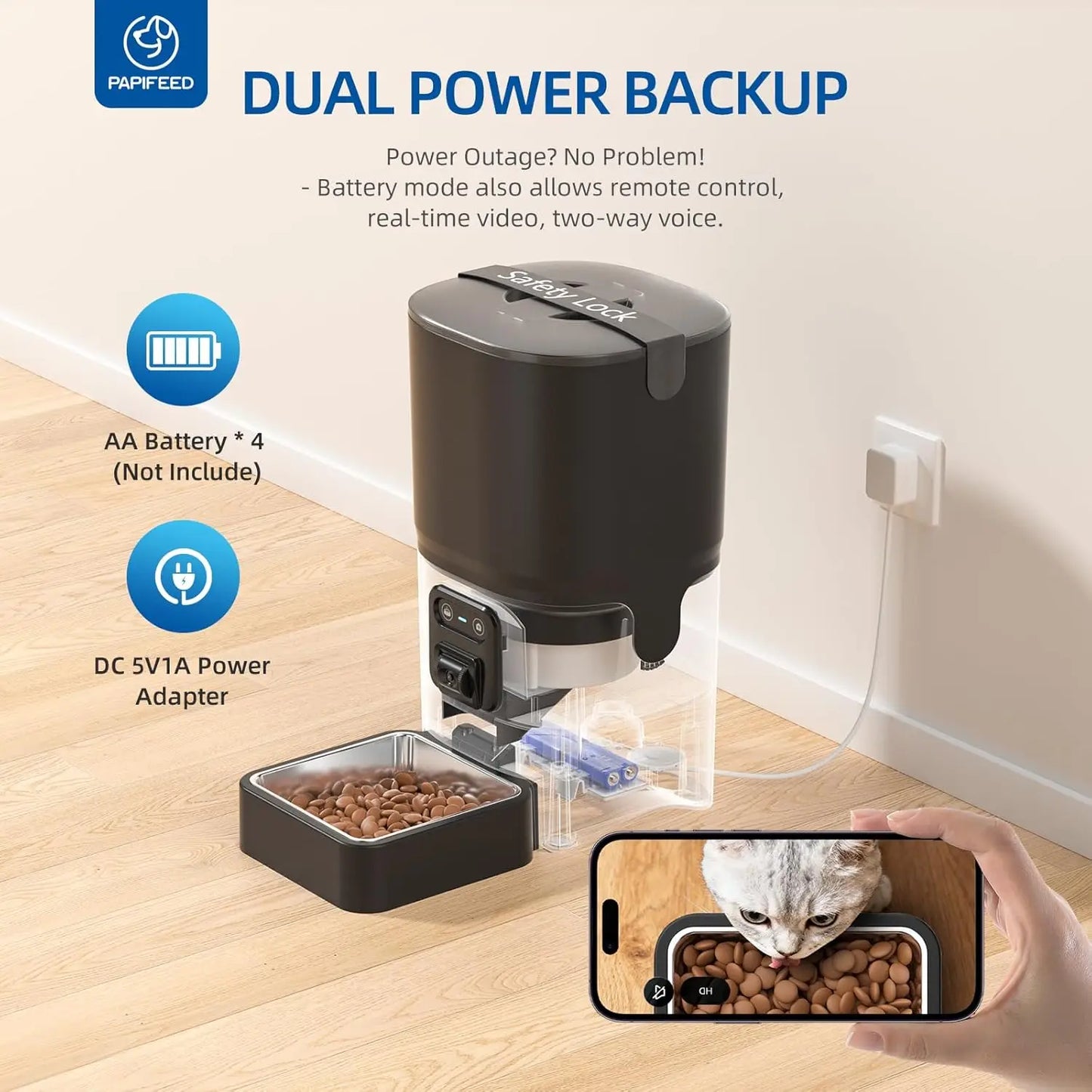Automatic Cat Feeder with Camera, WiFi, Two-Way Audio, Adjustable Angle, Easy Clean for Cats & Small Dogs - Black
