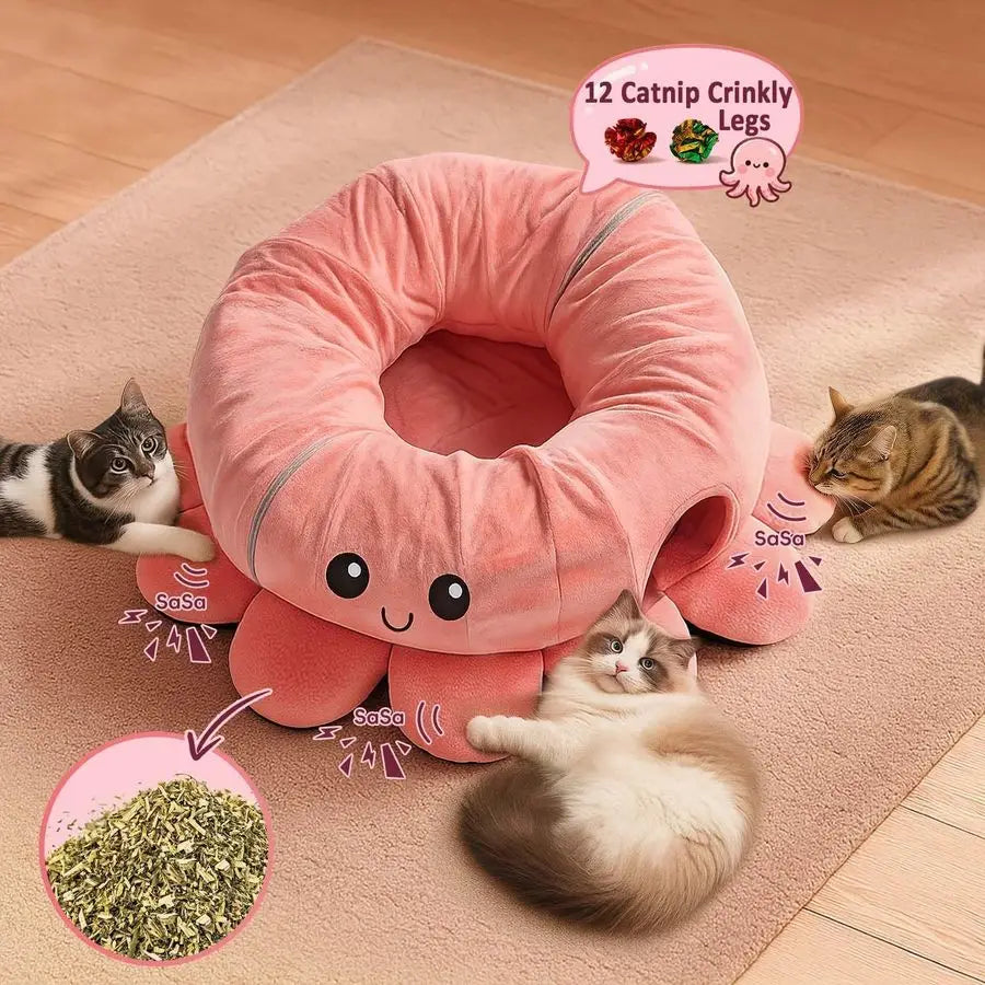 Octopus Shaped Cat Tunnel Collapsible With Toys For Indoor Cats