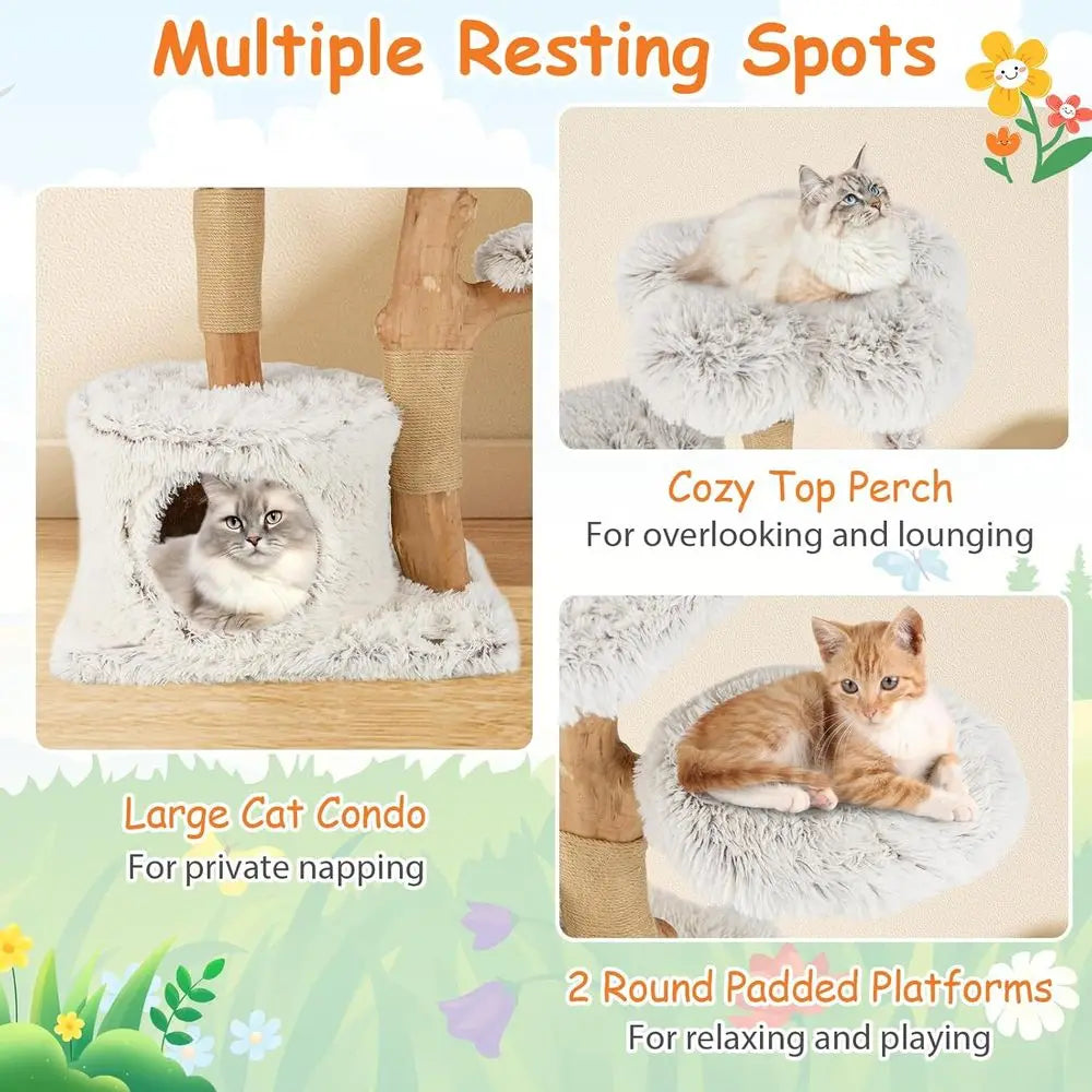 Natural Wooden Cat Tree Tower With Jute Scratching Posts Condo