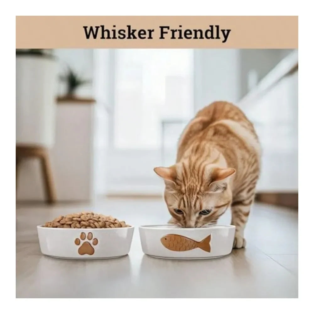 Whisker Friendly Ceramic Cat Bowl Set Of 2 With Anti Slip Bases Dishwasher Safe