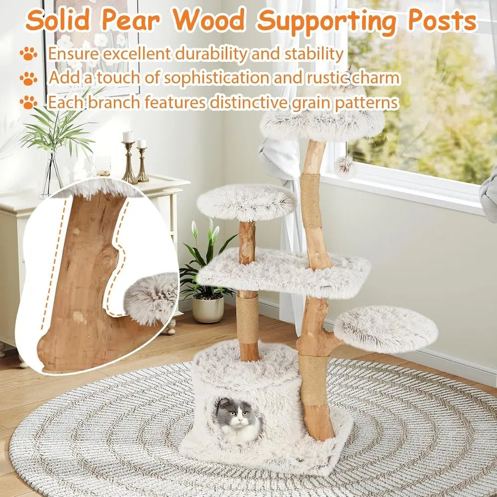 Natural Wooden Cat Tree Tower With Jute Scratching Posts Condo