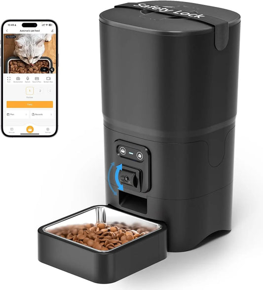 Automatic Cat Feeder with Camera, WiFi, Two-Way Audio, Adjustable Angle, Easy Clean for Cats & Small Dogs - Black