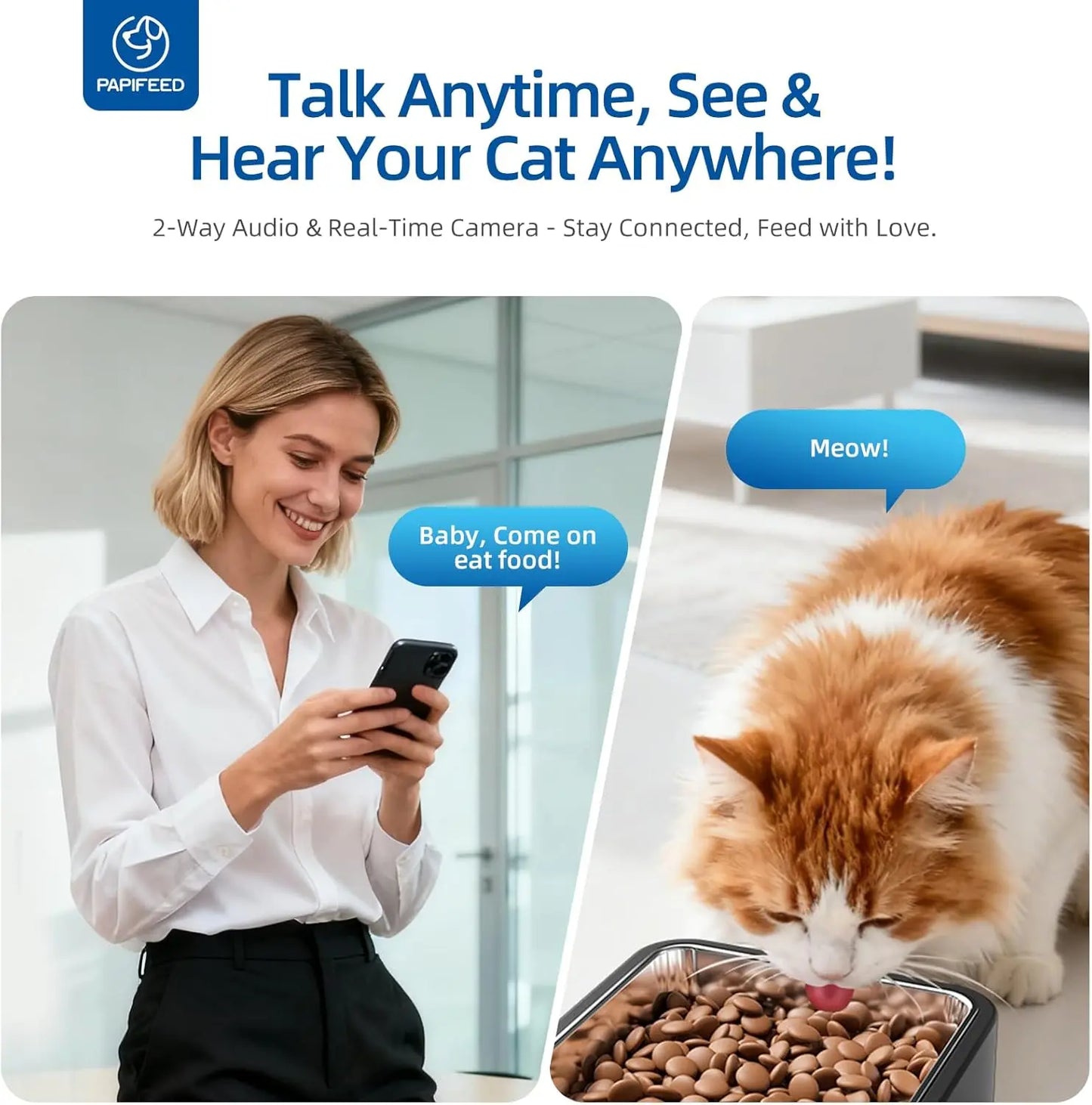 Automatic Cat Feeder with Camera, WiFi, Two-Way Audio, Adjustable Angle, Easy Clean for Cats & Small Dogs - Black