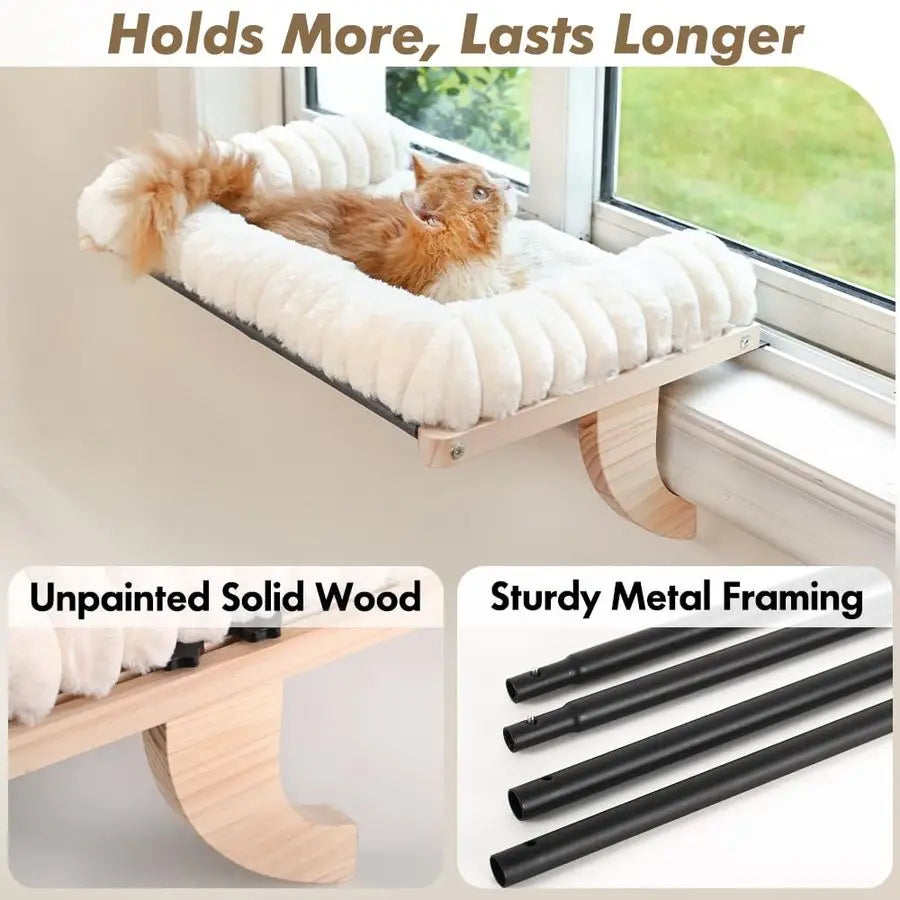 Cat Window Sill Perch With Zipper Cushioned Bed And Solid Wood Frame
