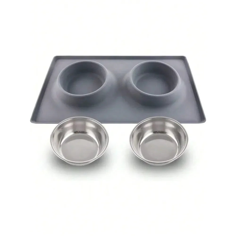 Dual Pet Feeder Bowls With No Spill Premium Silicone Mat