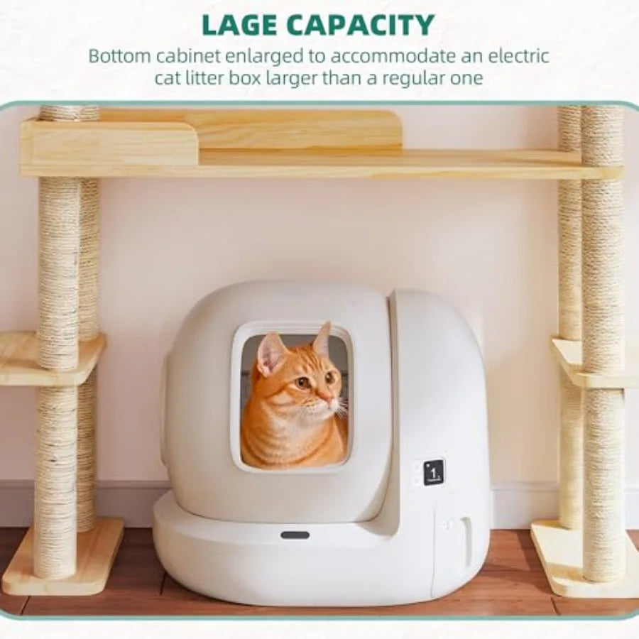 Wood Cat Tower for Automatic Litter Box 60.2 H Tall Cat Tree for Self Cleaning Litter Box Multi-Level Solid Wood Cat Tree Tower