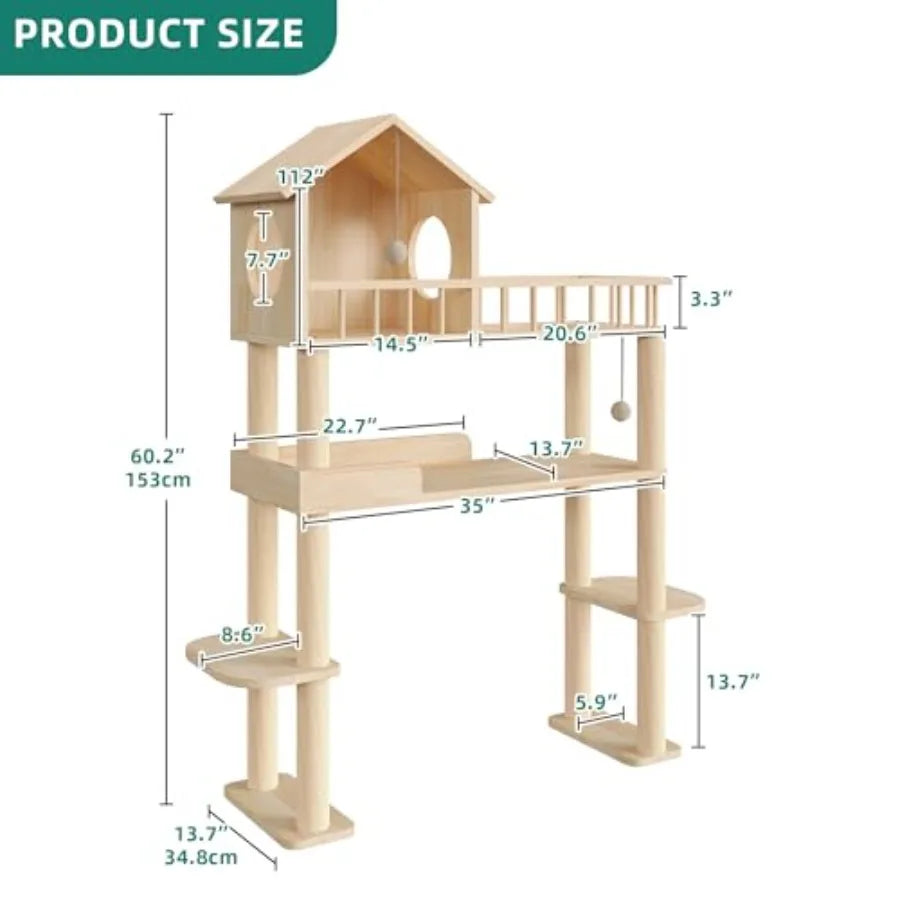 Wood Cat Tower for Automatic Litter Box 60.2 H Tall Cat Tree for Self Cleaning Litter Box Multi-Level Solid Wood Cat Tree Tower