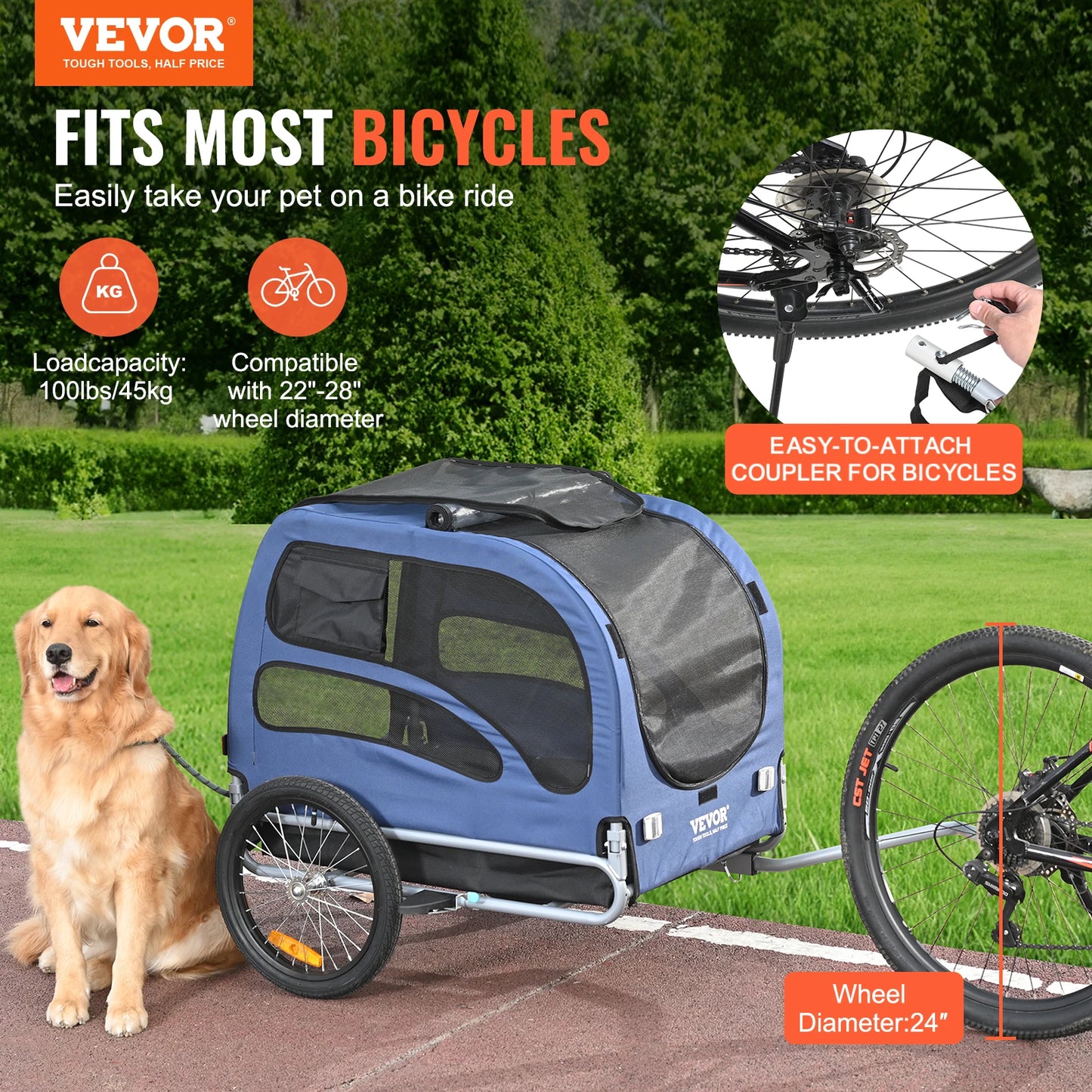 Pet Bicycle Trailer For Dogs 100 Lb Capacity Reflectors
