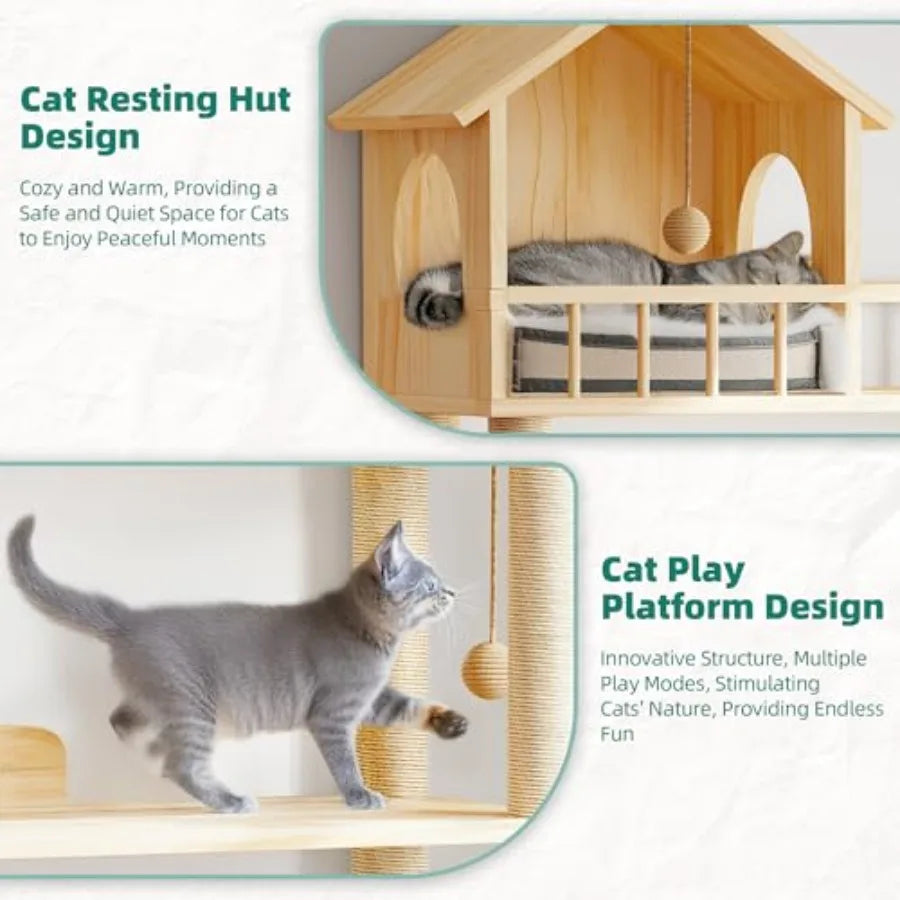 Wood Cat Tower for Automatic Litter Box 60.2 H Tall Cat Tree for Self Cleaning Litter Box Multi-Level Solid Wood Cat Tree Tower