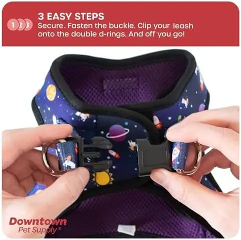 Comfortable small dog harness with adjustable padded mesh and reflective trim – perfect for downtown pet supply needs.