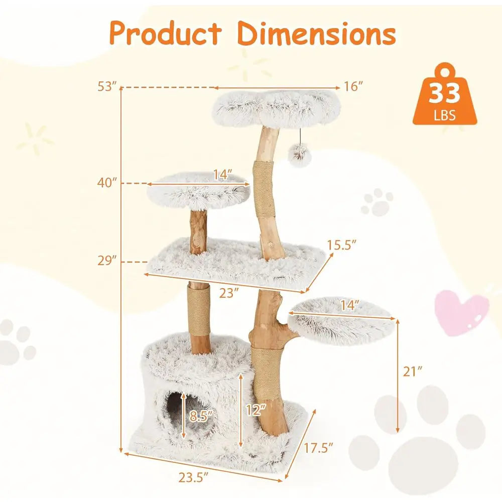 Natural Wooden Cat Tree Tower With Jute Scratching Posts Condo