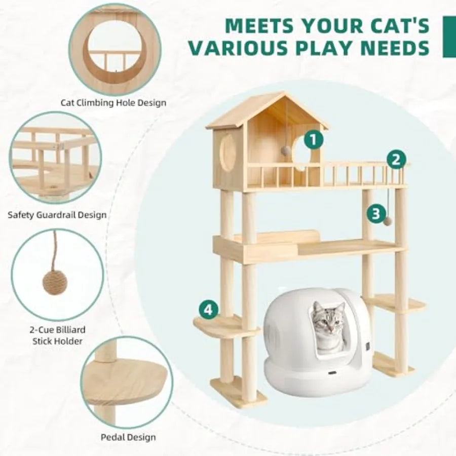 Wood Cat Tower for Automatic Litter Box 60.2 H Tall Cat Tree for Self Cleaning Litter Box Multi-Level Solid Wood Cat Tree Tower