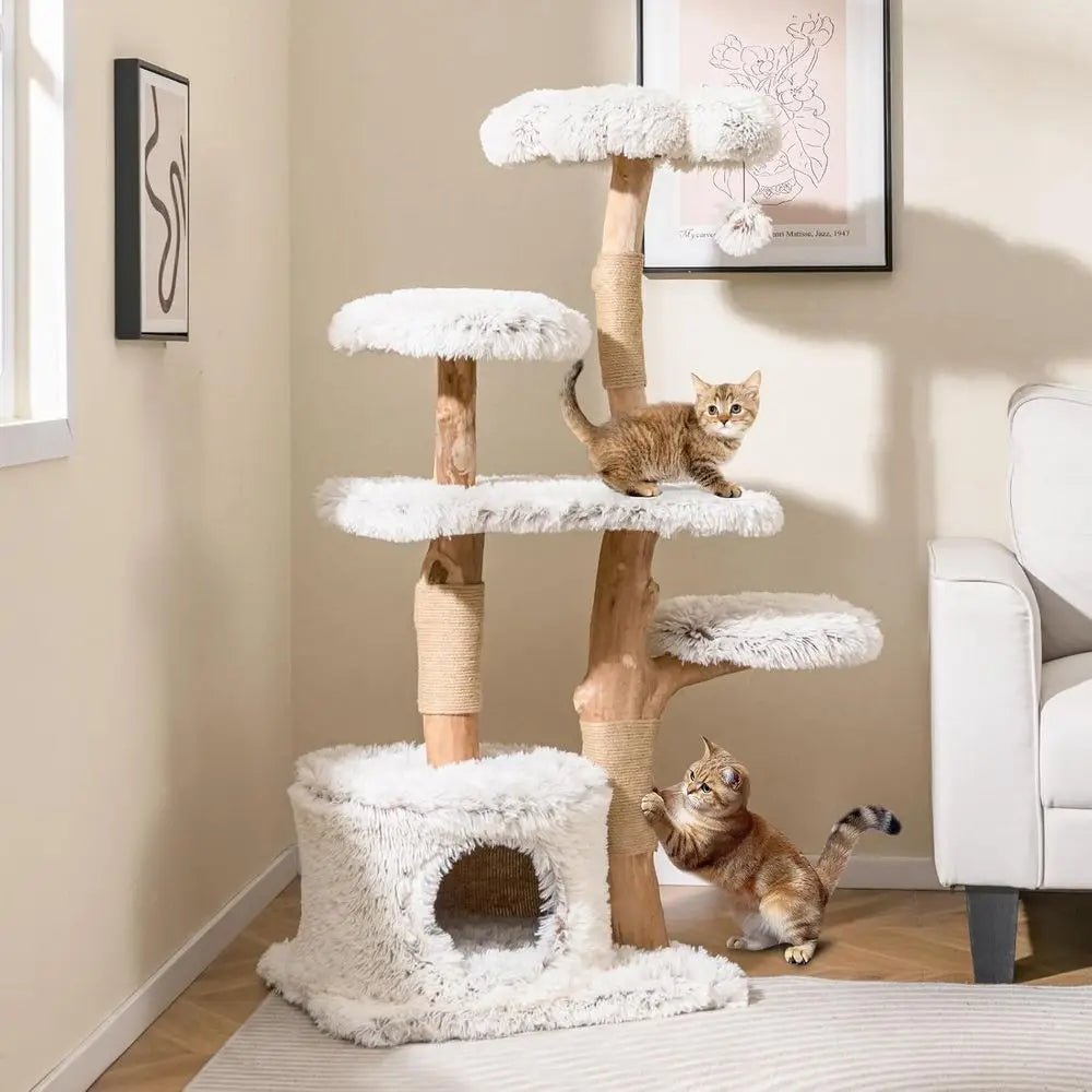 Natural Wooden Cat Tree Tower With Jute Scratching Posts Condo