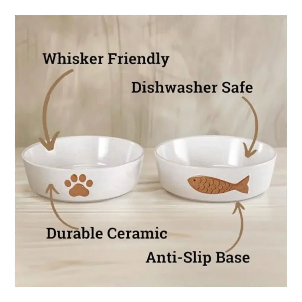 Whisker Friendly Ceramic Cat Bowl Set Of 2 With Anti Slip Bases Dishwasher Safe