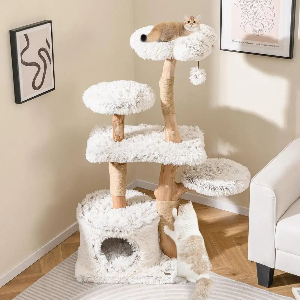 Natural Wooden Cat Tree Tower With Jute Scratching Posts Condo